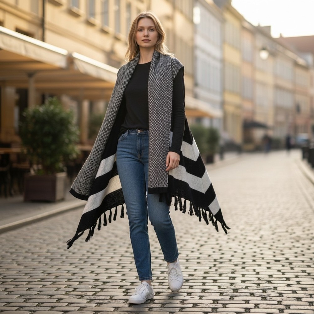 LA COALITION Open‎ Front Sleevelessstripe Tassled Vest Shawl Black White Medium